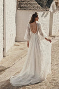 Graceful Beach Wedding Dress with Long Sleeves, V-Neckline & Delicate Lace for a Timeless and Romantic Bridal Look