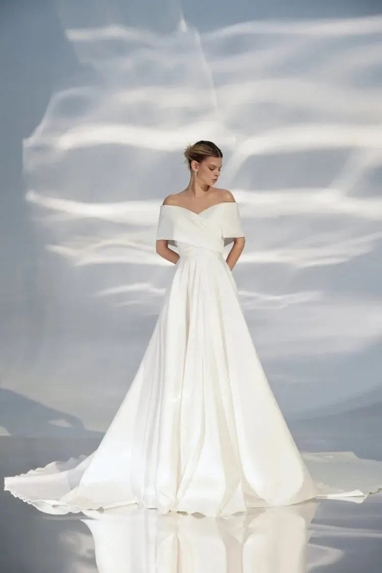 Off-Shoulder A-Line Wedding Gown with Sweetheart Neckline and a Natural Waistline for a Modern and Elegant Bridal Look