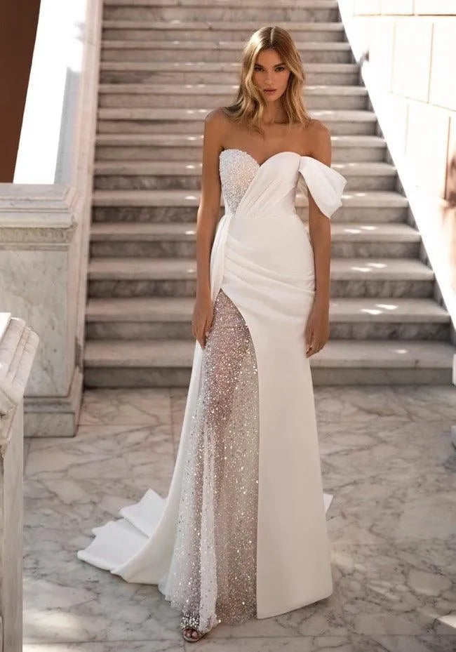 Luxury Sparkly Sequin One Shoulder Wedding Dresses Mermaid High Slit Dubai Bridal Gows Long Train Bride Dress Vestidos Novia As Picture