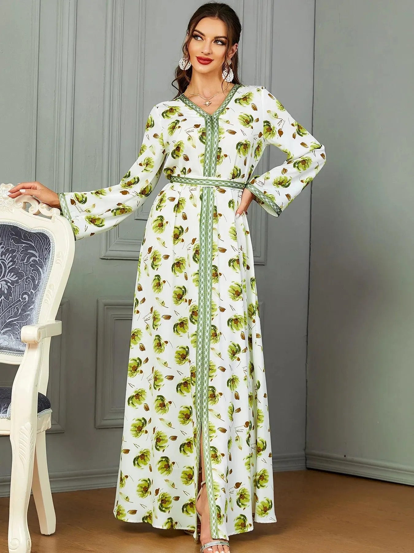 Fashion Chic Printing Casual Long Sleeve V-Neck Belted Dress Moroccan Gulf Caftan For Women Arab African Turkish Abaya