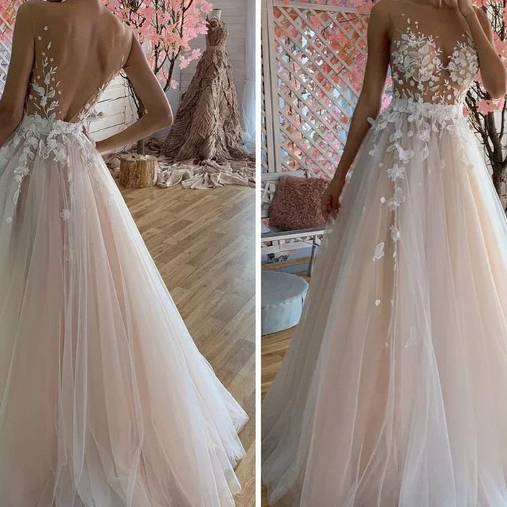 Fiori di abiti da sposa in spiaggia per donne A-line Deep-V-Neck Appliques senza maniche per il pavimento in tulle senza schienale abiti da sposa