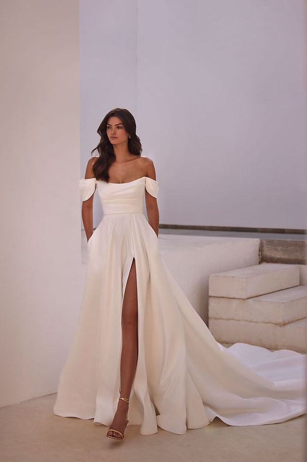 Elegant Satin Wedding Dress Side Slit Short Sleeve For Women With Pocket Civil Bridal Gowns Customize To Measures Elegant