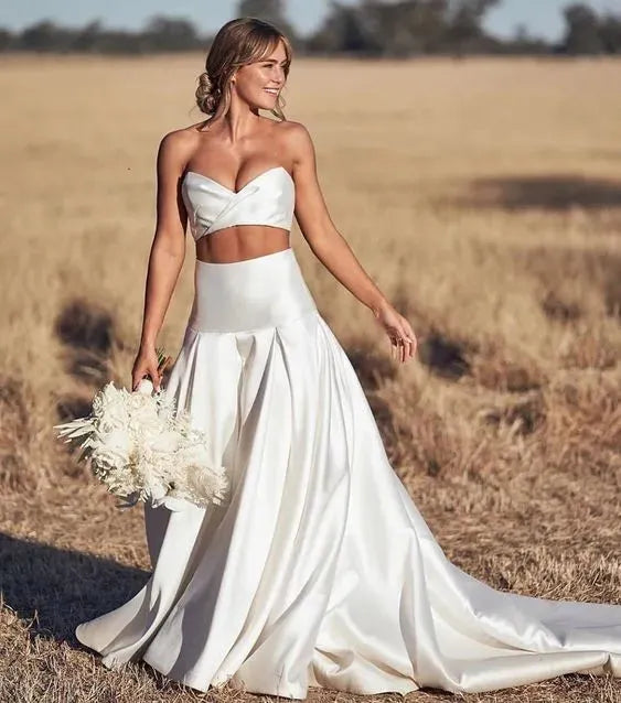 Elegant Mermaid Wedding Dress 2 Pieces Sweetheart Open Back Sleeveless Satin Sexy Bridal Gown Sweep Train Vestidos De Noiva ivory