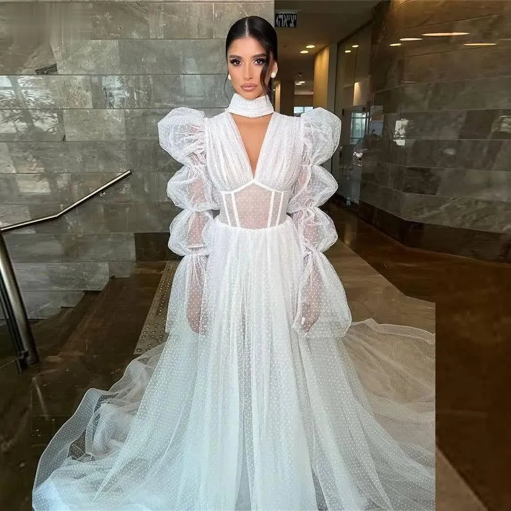 Qanz Boho Tulle Wedding Dresses Puff Sleeves Long A Line Illusion Bridal Gowns V Neck Corset Back Robes De Mariage élégante Boho