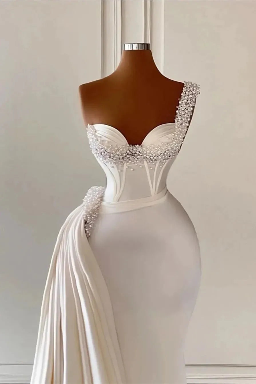 Long White Women Satin Mermaid Wedding Dresses with Pearls Abito Da Sposa White Satin