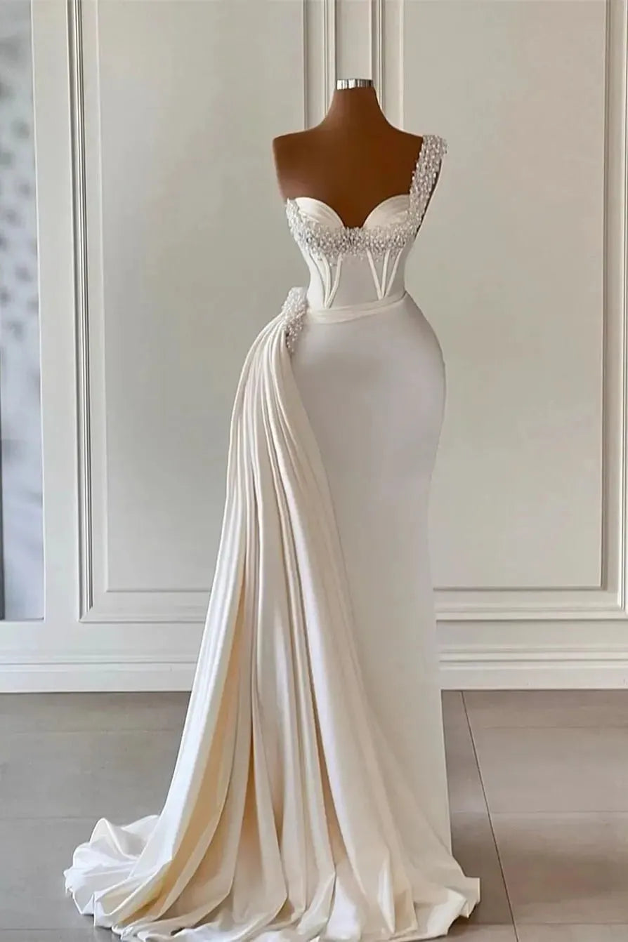 Long White Women Satin Mermaid Wedding Dresses with Pearls Abito Da Sposa White Satin