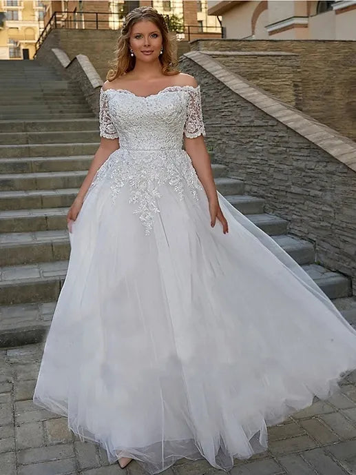 Elegant Boho Wedding Dresses For Woman Short Sleeves Off Shoulder Lace Applique Bride Gowns Boat Neck Plus Size