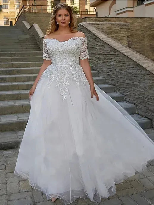 Elegant Boho Wedding Dresses For Woman Short Sleeves Off Shoulder Lace Applique Bride Gowns Boat Neck Plus Size Boho Plus Size