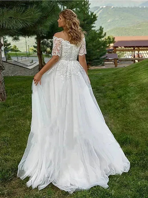 Elegant Boho Wedding Dresses For Woman Short Sleeves Off Shoulder Lace Applique Bride Gowns Boat Neck Plus Size Boho Plus Size