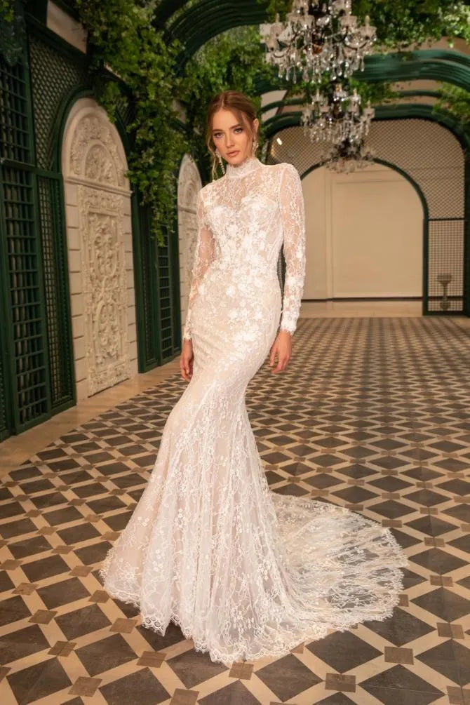 Exquisite Wedding Dresses For Women Sheath Mermaid Lace Appliques High Neck Bridal Dress Full Sleeves Vestidos De Novia Mermaid