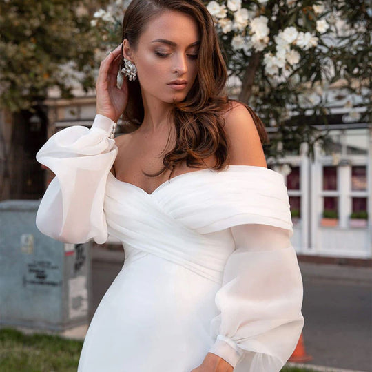 Satin Mermaid Wedding Dresses Long Fuff Sleeve Sexy Lace Beach Bride Dresses Off The Shoulder Boho Bridal Gowns