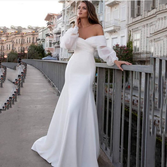 Satin Mermaid Wedding Dresses Long Fuff Sleeve Sexy Lace Beach Bride Dresses Off The Shoulder Boho Bridal Gowns