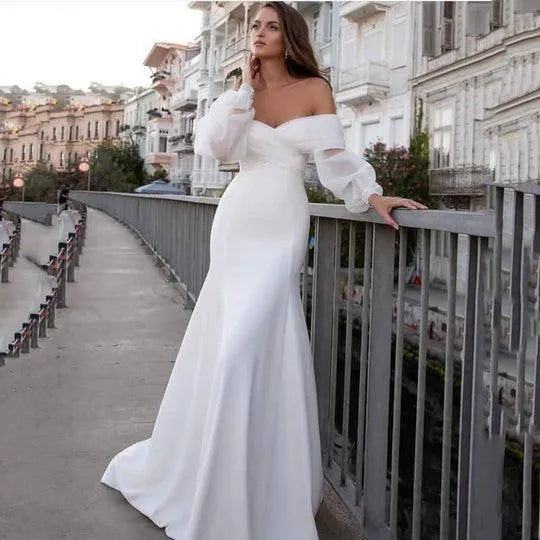 Fuff Satin Mermaid Wedding Dresses Long Fuff Sleeve Sexy Lace Beach Bride ...