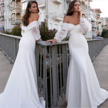 Satin Havfrue Brudekjoler Lang fuff Sleeve Sexy Lace Beach Bride Kjoler fra skulderen Boho Bridal kjoler