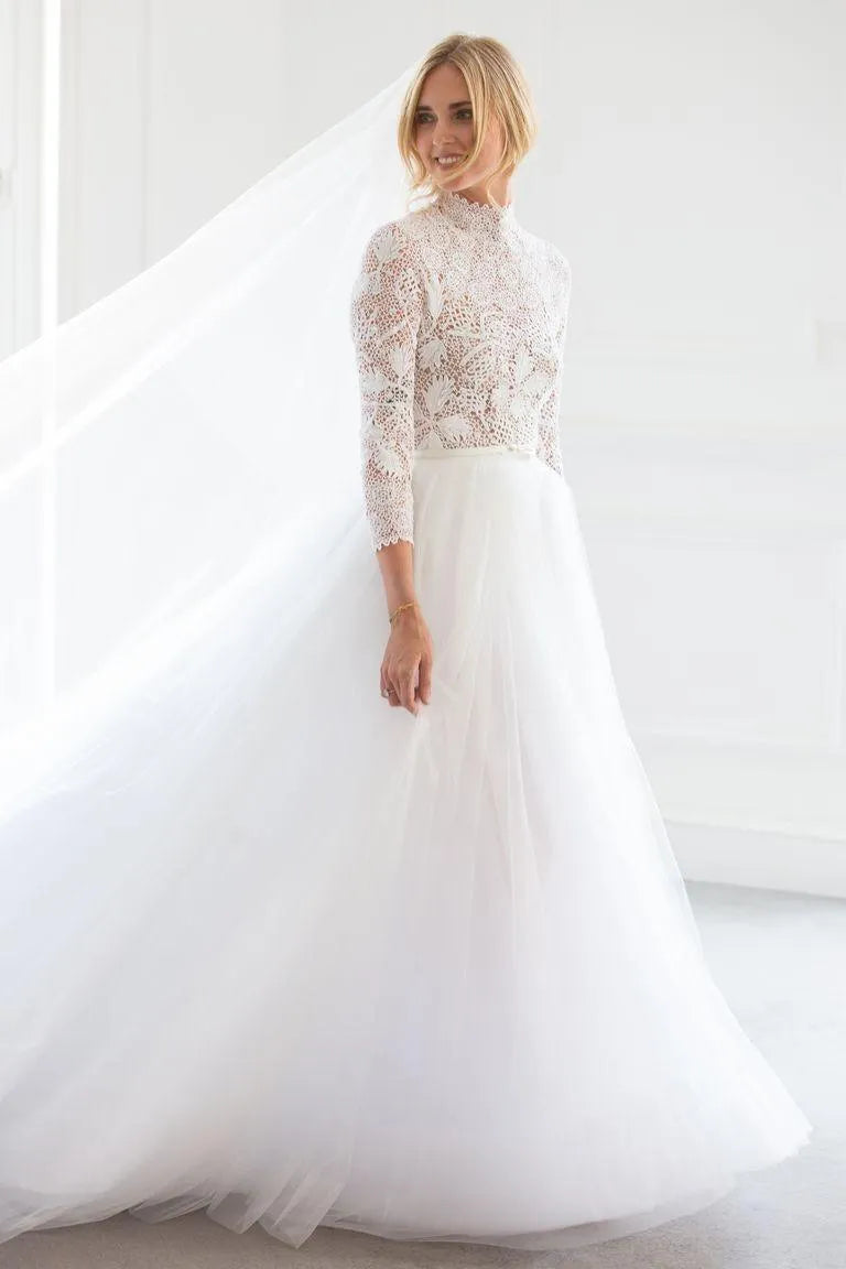 Muslim Wedding Dresses Long Sleeve High Princess Lace Bride Dresses Side Split Boho Vestidos de novia ivory