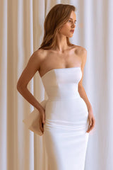 Simple Sexy White Wedding Dress Mermaid Backless With Bow Pleat Satin Bridal Gown Strapless Sleeveless Mid-Calf Court Train