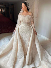 Illusion Long Sleeve Wedding Gown Beaded Mermaid Bride Dresses For Women 2024 Luxury Sequins Wedding Dress  Vestidos De Novia