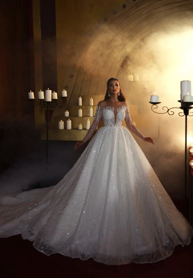 Arabia Abiti da sposa in pizzo Glitter Abiti lucenti fuori spalla a maniche lunghe abiti da sposa a strisce scintillanti