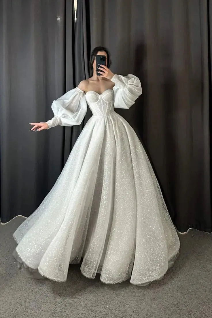 Glitter Tulle Ball Gown Robe De Noiva Wedding Dress Sweetheart Puff Sleeves Pleat Wedding Gowns Plus Size Amanda Novias Plus Size