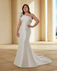 Plus Size Satin Wedding Dress Sleeveless Detachable Train Mermaid One Shoulder Vestidos De Novia Custom Bride Gowns