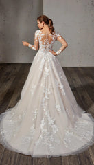 Elegant Lace A-line Wedding Dress Long Sleeves Bride Gowns Custom Made Applique O-Neck Button Tulle robe de mariée