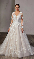 Elegant Lace A-line Wedding Dress Long Sleeves Bride Gowns Custom Made Applique O-Neck Button Tulle robe de mariée