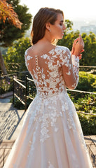 Elegant Lace A-line Wedding Dress Long Sleeves Bride Gowns Custom Made Applique O-Neck Button Tulle robe de mariée