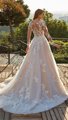 Elegant Lace A-line Wedding Dress Long Sleeves Bride Gowns Custom Made Applique O-Neck Button Tulle robe de mariée