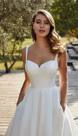 Civil V-Neck Wedding Dresses Square Collar Satin Bridal Gowns A-line Backless Buttons Bride Party Spaghetti Straps Satin