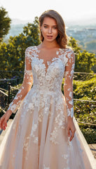 Elegant Lace A-line Wedding Dress Long Sleeves Bride Gowns Custom Made Applique O-Neck Button Tulle robe de mariée