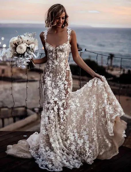DREAM Luxury 3D Lace Appliques Mermaid Wedding Dresses Sweetheart Spaghetti Straps Backless Bride Gown Floral Beach Boho Bridal Boho