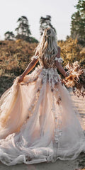 Floral Appliques Romantic Country Wedding Dresses Lace A-Line Off Shoulder Backless Sexy Tulle Boho Bridal Gowns