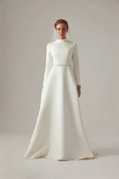 Muslim Fashion High Collar Ivory A-line Wedding Dresses Draped Pleat Flowers Belt Satin Bride Gown Floor Length robe de mariée champagne Satin