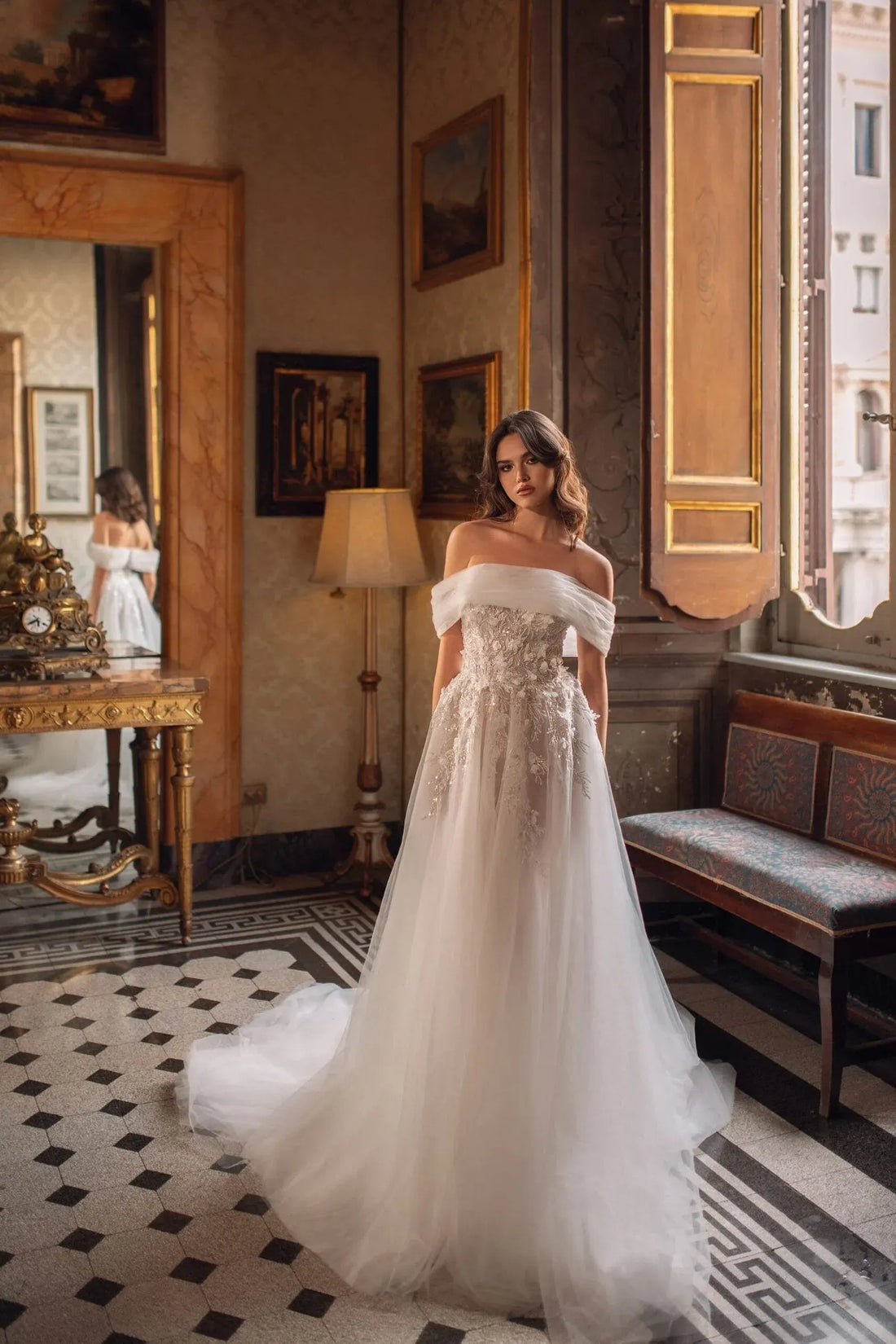 Timeless A-Line Wedding Gown with Delicate Lace, Sparkling Sequins, and Romantic Off-Shoulder Design for an Effortlessly Elegant Bridal Look