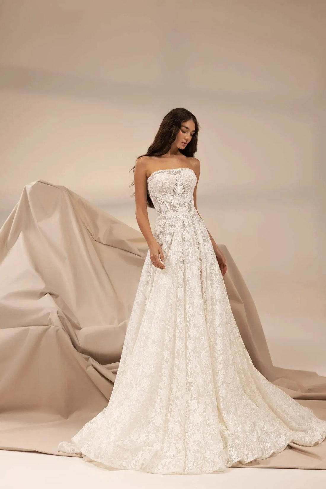 Timeless Minimalist Wedding Dress with Sleek Silhouette, Delicate Lace Taffeta & Effortless Elegance for the Modern Bride
