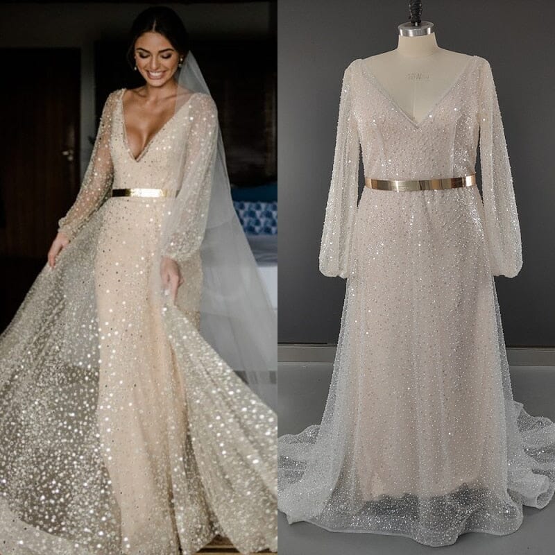 Champagne glitter a due pezzi abiti da sposa con maniche lunghe con fogli cumina oro a goccia