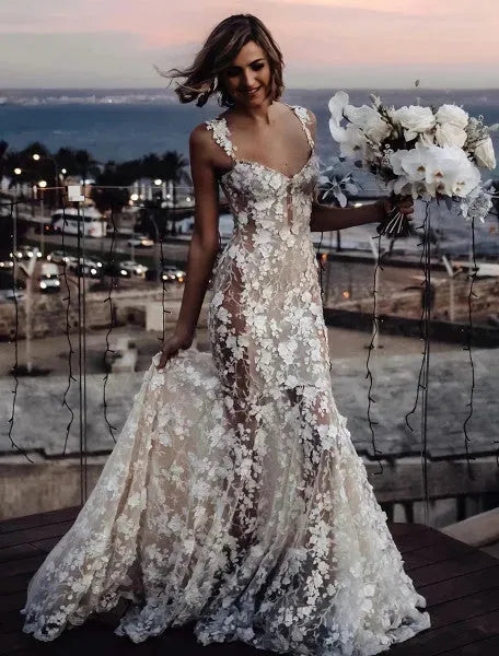 DREAM Luxury 3D Lace Appliques Mermaid Wedding Dresses Sweetheart Spaghetti Straps Backless Bride Gown Floral Beach Boho Bridal Boho