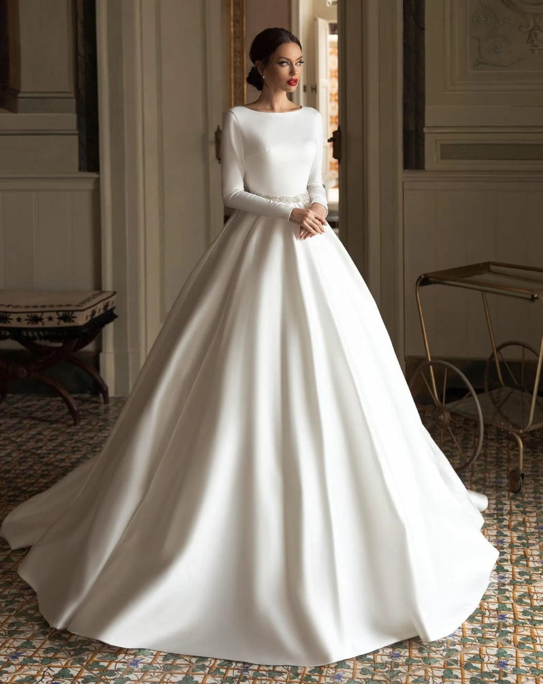 LORIE Satin Wedding Dresses A Line Long Sleeve Muslim Style Bride Dress Elegant Classic Modest Bride Wedding Gowns