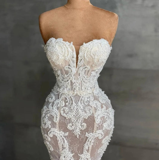 Vestido de novia de encaje de sirena, vestido de novia de lujo con cuentas de cristales, escote corazón, sin tirantes, sin mangas, apliques, vestidos de novia para novia 