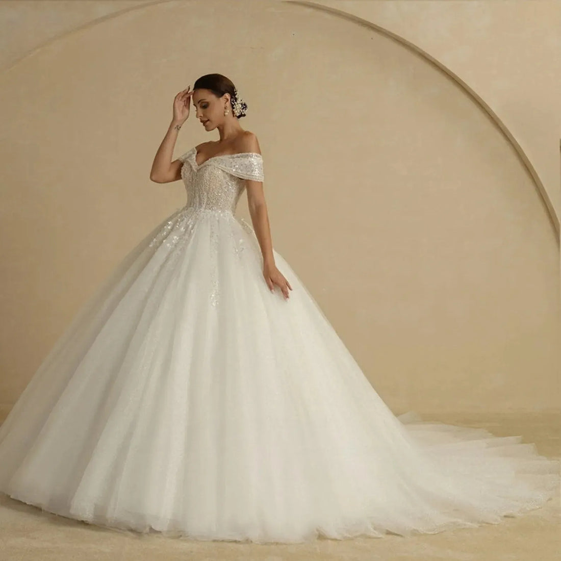 Ivory Beading Princess Wedding Dresses For Bride Off The Shoulder Sleeveless Women Glitter Ball Bridal Gown Robes Ivory 50cm