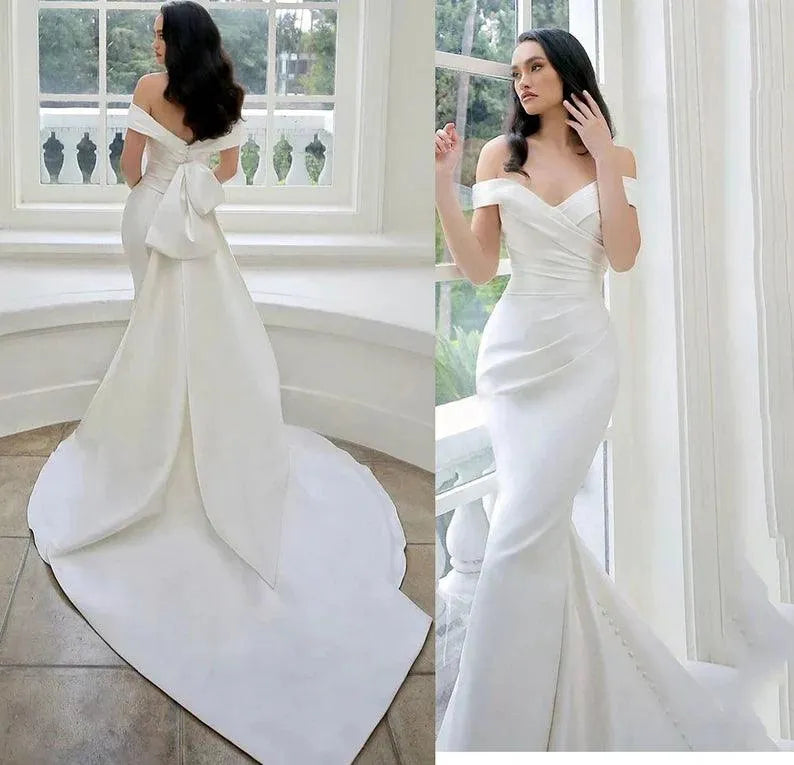 Elegant Wedding Dresses Women Off The Shoulder Mermaid Bride Dress Button Wedding Gowns With Detachable Train Mermaid