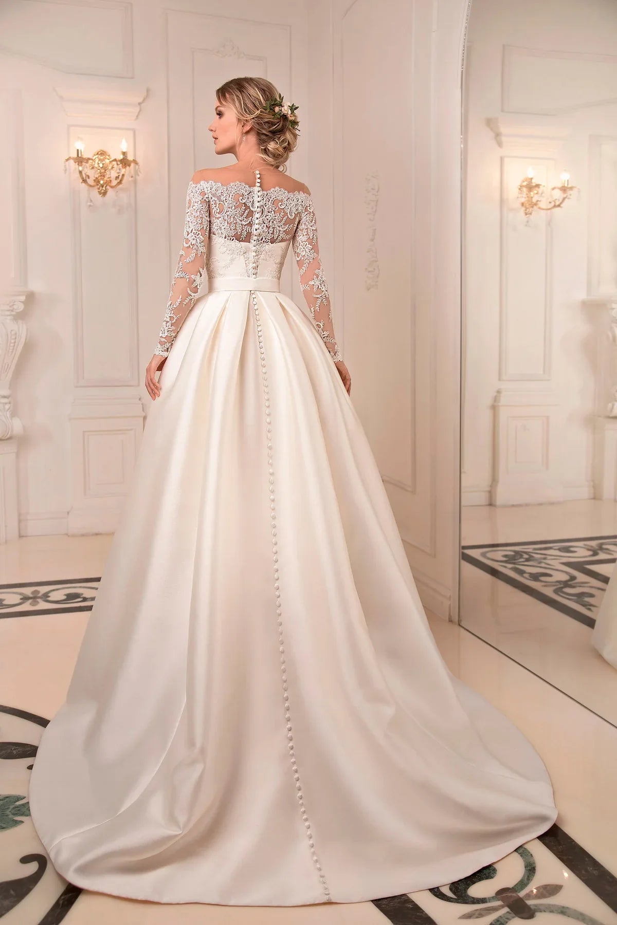 Abiti da sposa classici con maniche full maniche con cerniera con cerniera Applique abiti da sposa illusione trainnea di raso a-line vestidos de nolia