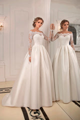 Abiti da sposa classici con maniche full maniche con cerniera con cerniera Applique abiti da sposa illusione trainnea di raso a-line vestidos de nolia