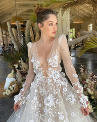 Vestidos de novia con apliques de marfil bohemios, apliques de encaje, mangas largas, escote en V, vestido de novia con flores 3D, vestido de novia de corte A, talla grande