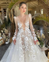 Vestidos de novia con apliques de marfil bohemios, apliques de encaje, mangas largas, escote en V, vestido de novia con flores 3D, vestido de novia de corte A, talla grande