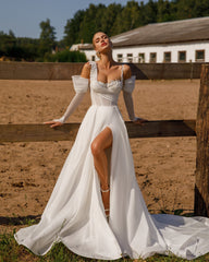 Scollatura a cuore aggraziata Abiti da sposa a-line cinghie spaghetti maniche lunghe abito da sposa vestido noiva