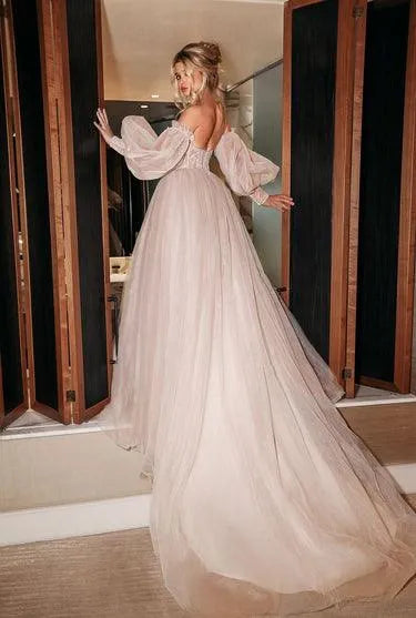 Sparky Wedding Dresses Puff Sleeve Appliques Lace off Shoulder Shiny Tulle A-Line Boho Bride Gown vestidos de novia Ivory