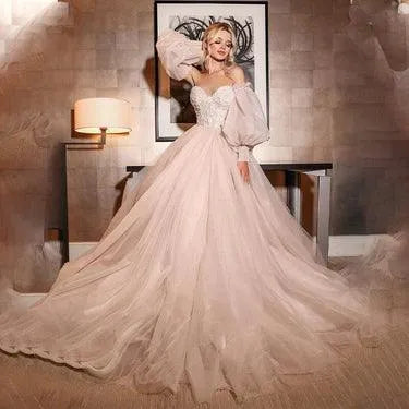 Sparky Wedding Dresses Puff Sleeve Appliques Lace off Shoulder Shiny Tulle A-Line Boho Bride Gown vestidos de novia Ivory