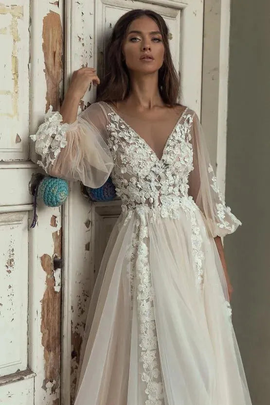 Graceful Princess Boho Wedding Dresses Appliques Lace Backless Beach Bride Dress Long Puff Sleeves Plus Size Bridal Gown Customize