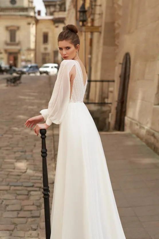 Sexy O-Neck A-line Wedding Dresses Boho Chiffon Fuff Long Sleeve vestido de novia bohemio Elegant Lace Bridal Party Ivory Boho